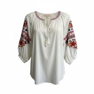 Solitaire Women’s Size M Top Blouse White Embroidery Casual Beach Boho Artsy